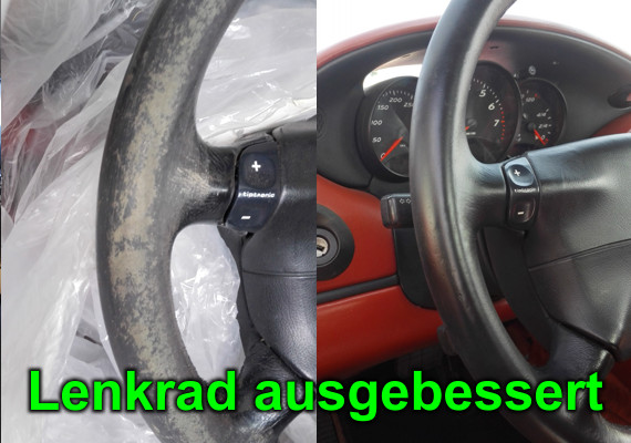 Vergriffenes Leder am Lenkrad eines Porsche Boxter aus 1994. Geschliffen, entfettet und lackiert incl. Glanzversiegelung. Matt auch möglich!
<br>Zeitaufwand ca. 2h - Kostenaufwand hierbei 69,-€.