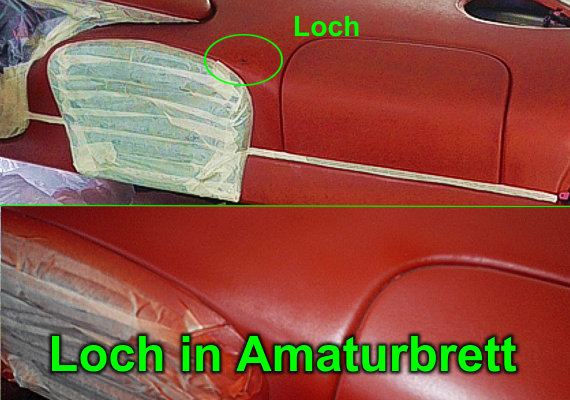 Leder war überdurchschnittlich verschmutzt und konnte nicht mehr mit Spezialreinigern gesäubert werden. Auch ein Loch im Amaturbrett war unansehnlich und sollte dem Neubesitzer nicht mehr ins Auge fallen.Somit wurde das Leder neu eingefärbt und das Loch mit spezial Lederkleber versiegelt.
<br>Zeitaufwand 8h - Kostenaufwand ca. 270,-€.