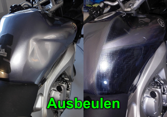 Hier wurde bei einem kleinen Crash der Tank eingebeult. Die Delle wurde von uns herausgezogen. Auf Kundenwunsch wurde ein 'Airbrush' erstellt.<br>Zeitaufwand waren ca. 1,5 Tage, Kostenaufwand ca. 400,- € 